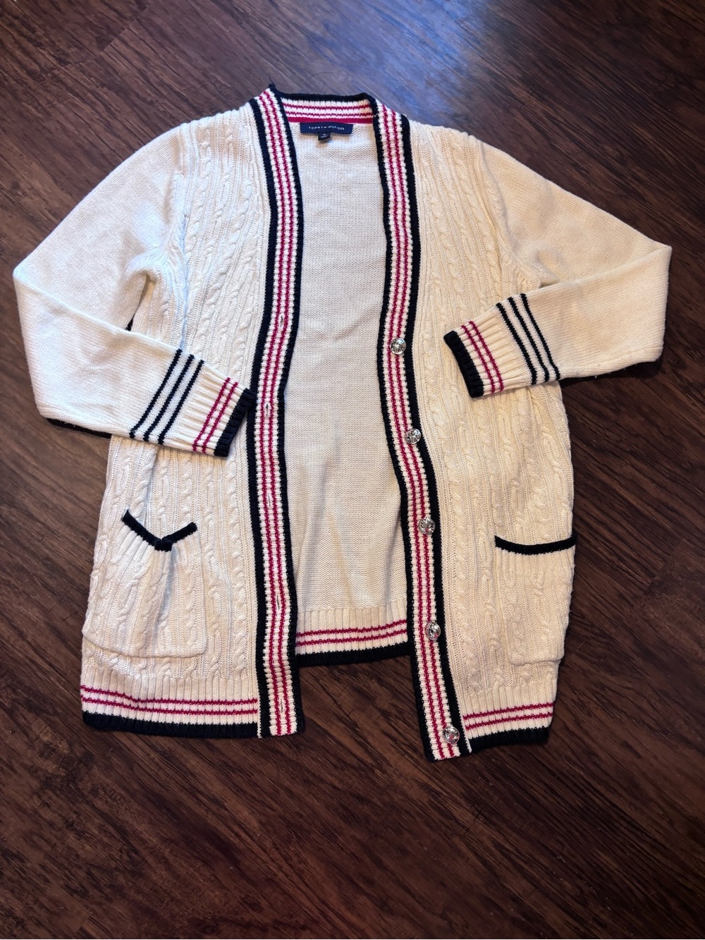 Tommy Hilfiger Cream Cable Knit Cardigan with Navy & Pink Trim